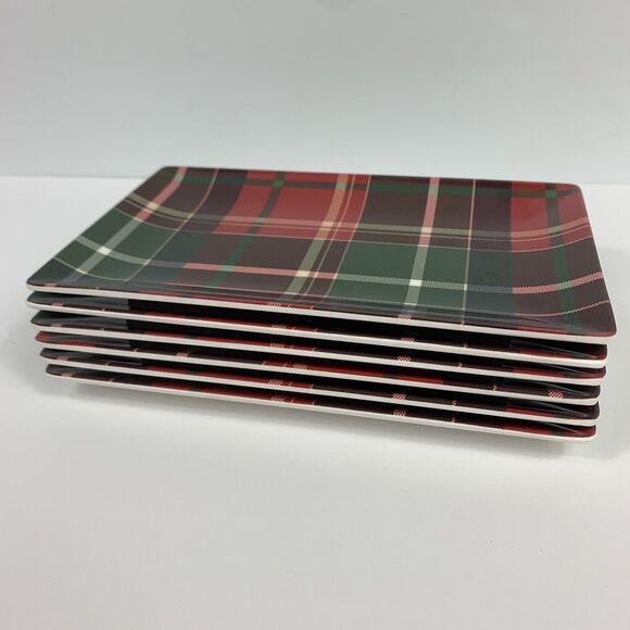 TOMMY BAHAMA Red Tartan Plaid Christmas Melamine Appetizer Snack Plate Set of 6 - Picture 2 of 7